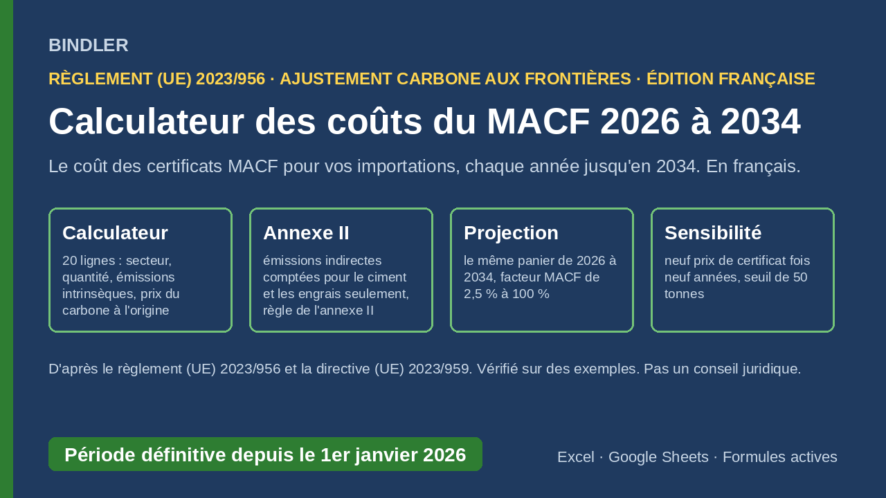 Calculateur des coûts du MACF 2026 à 2034 : certificats MACF par ligne d'importation, projection jusqu'en 2034, sensibilité, chaque règle sourcée cover